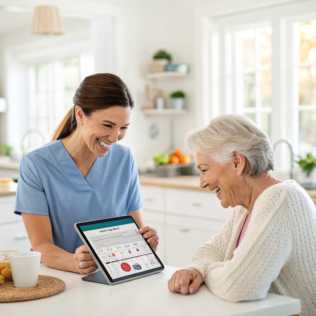 Caregiver reviewing medication adherence on a tablet